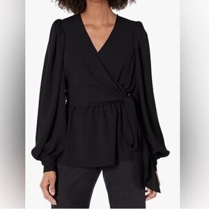 Trina Turk black wrap top long sleeve blouse workwear XS office business shirt